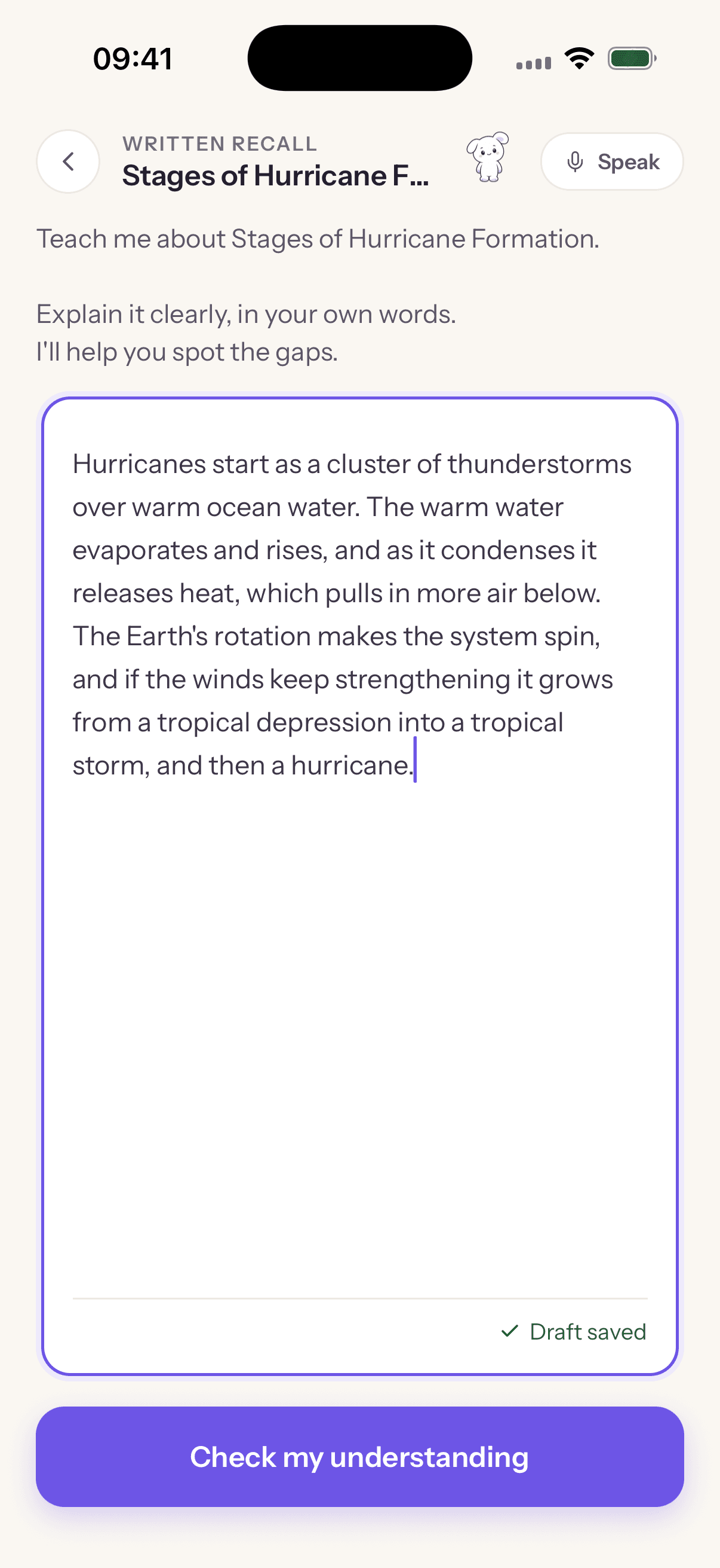 Zelmi teach session asking the user to explain hurricane formation in their own words