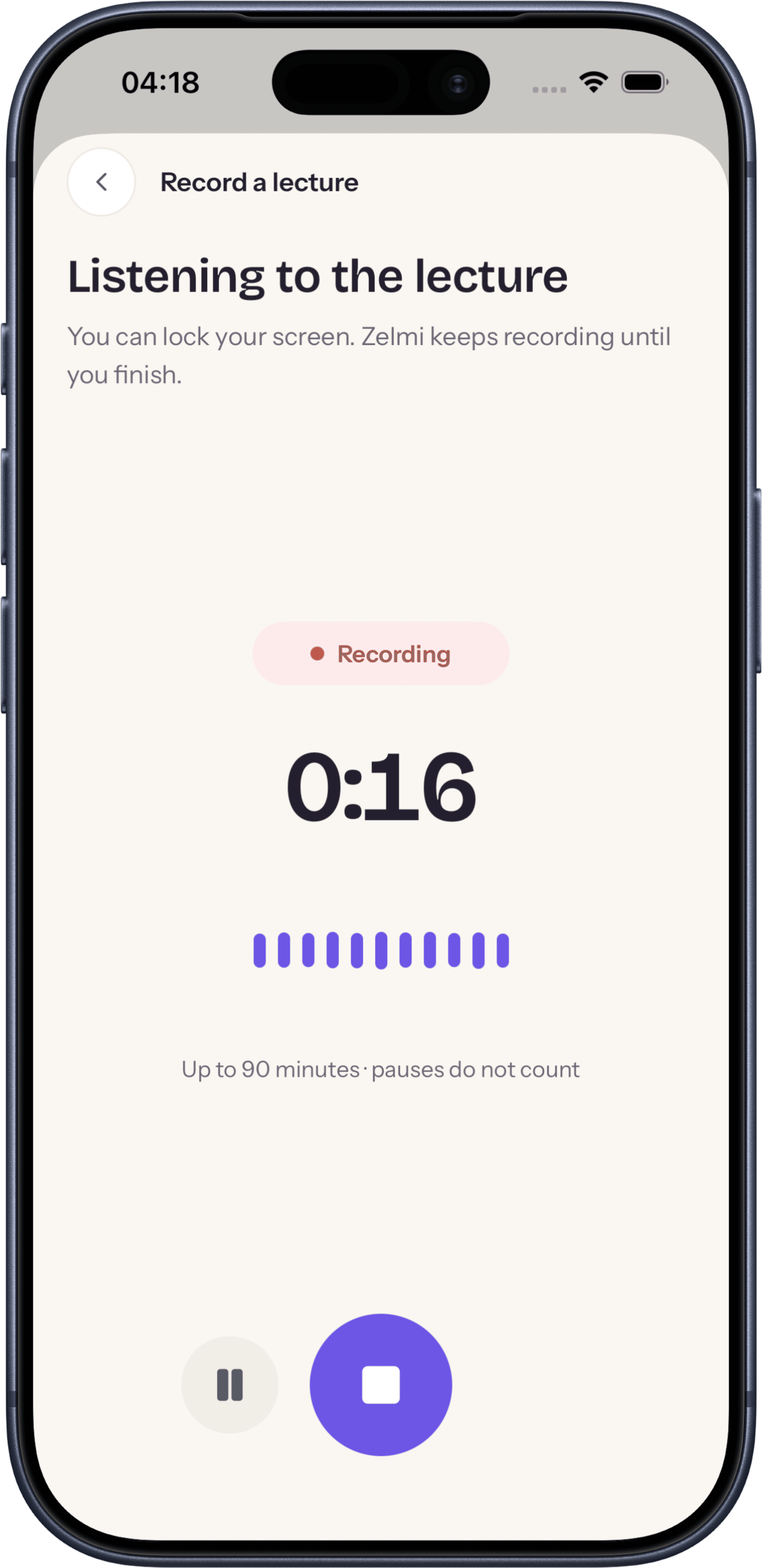 Zelmi recording a lecture with a timer and live waveform